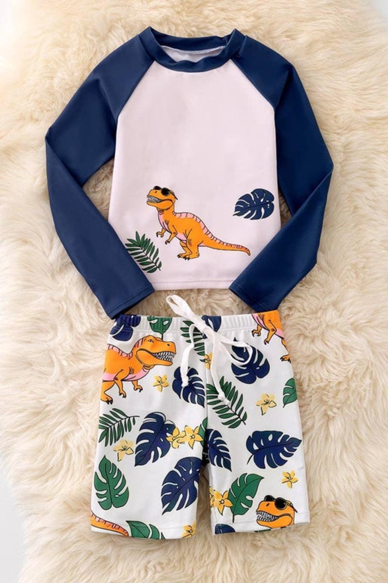 Dinosaur printed long sleeve swim set.