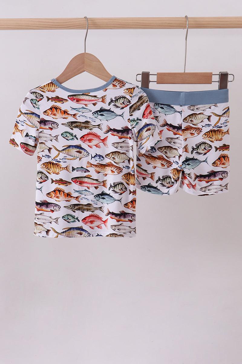 Navy fish bamboo shorts set