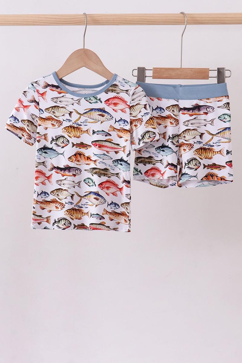 Navy fish bamboo shorts set
