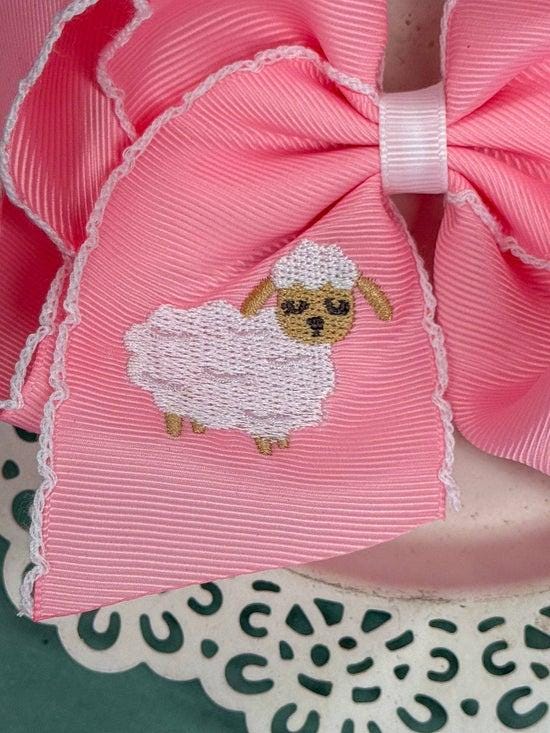 Little Lamb Embroidered Light Pink Moonstitch Bow Headband