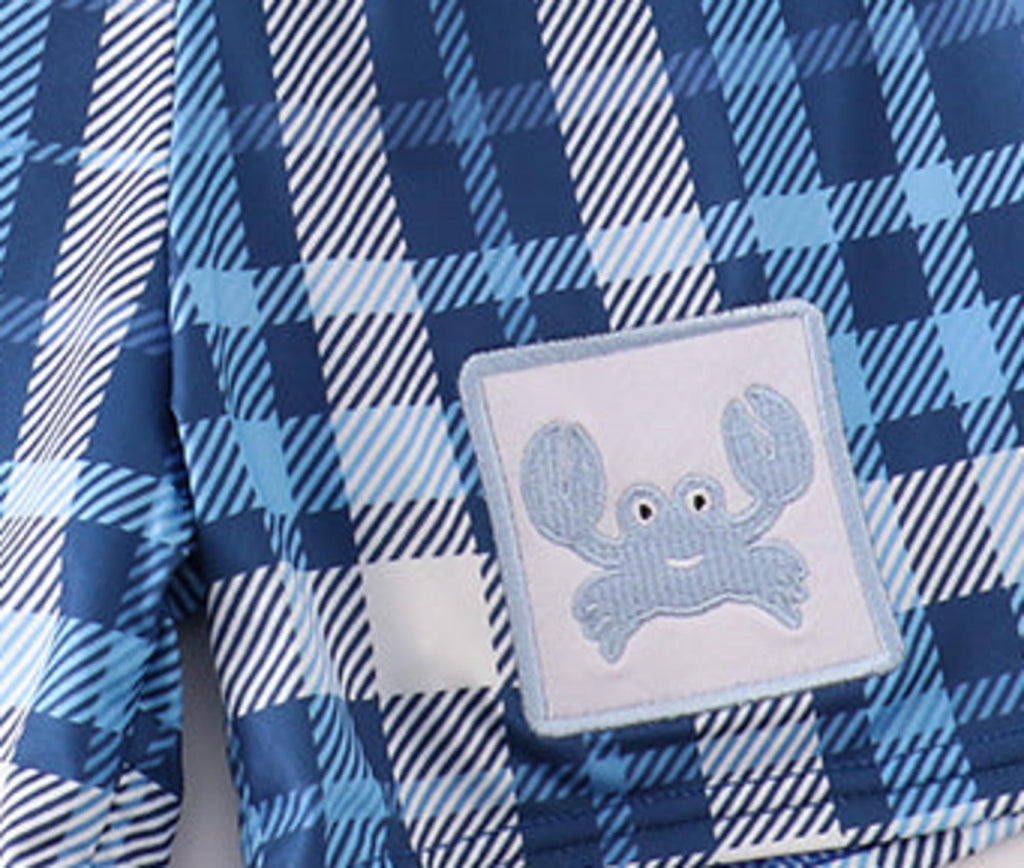 Navy plaid crab embroidery boy swim trunks