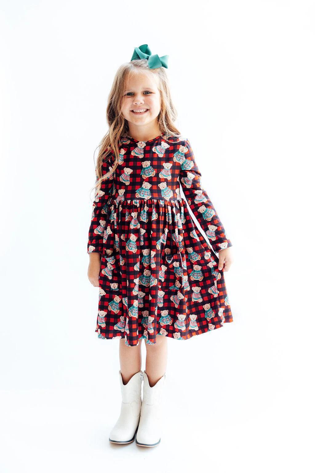 Christmas Bears Long Sleeve Pocket Twirl Dress