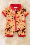 Yellow western printed boys baby romper with zipper
