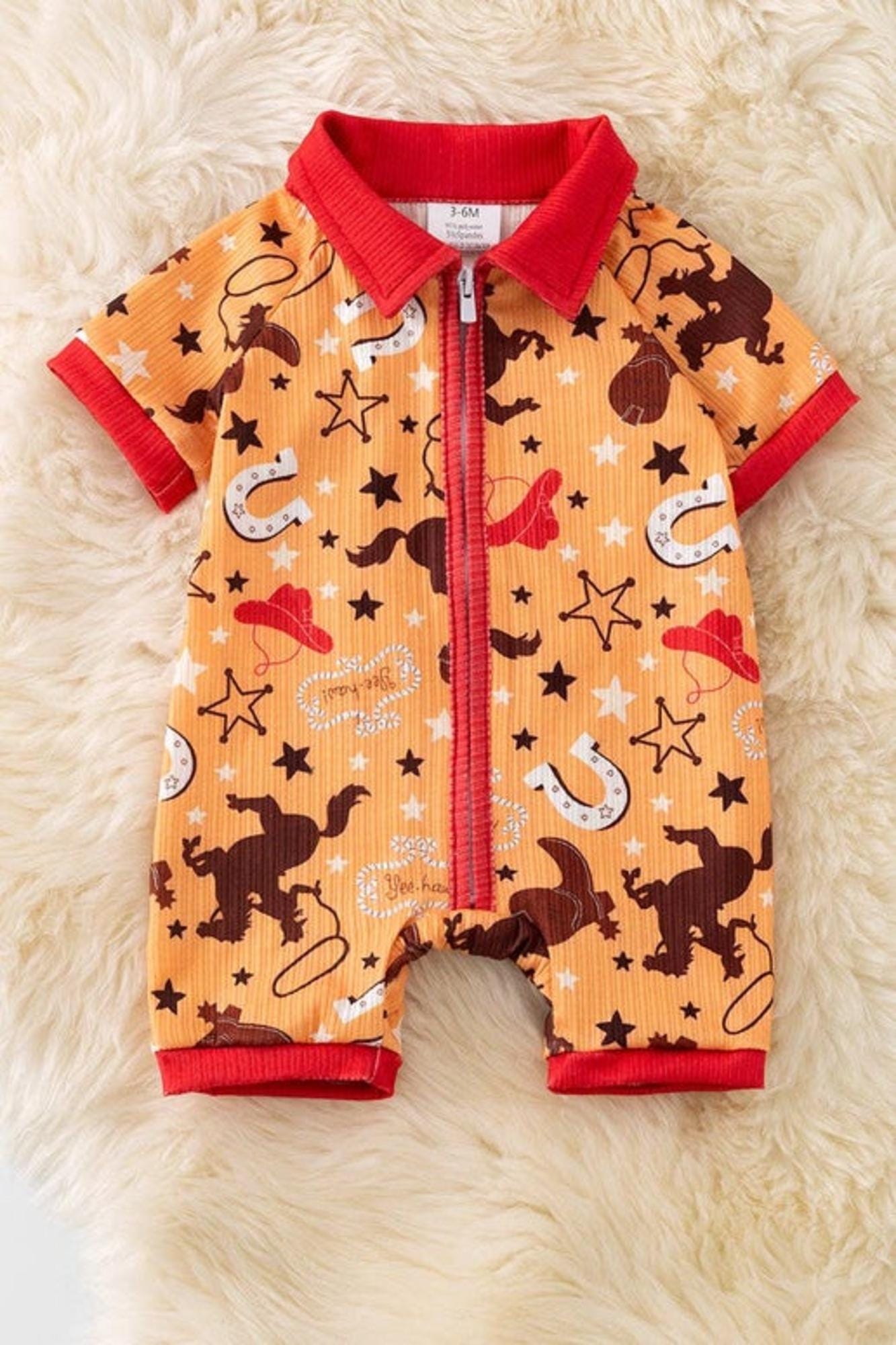 Yellow western printed boys baby romper with zipper