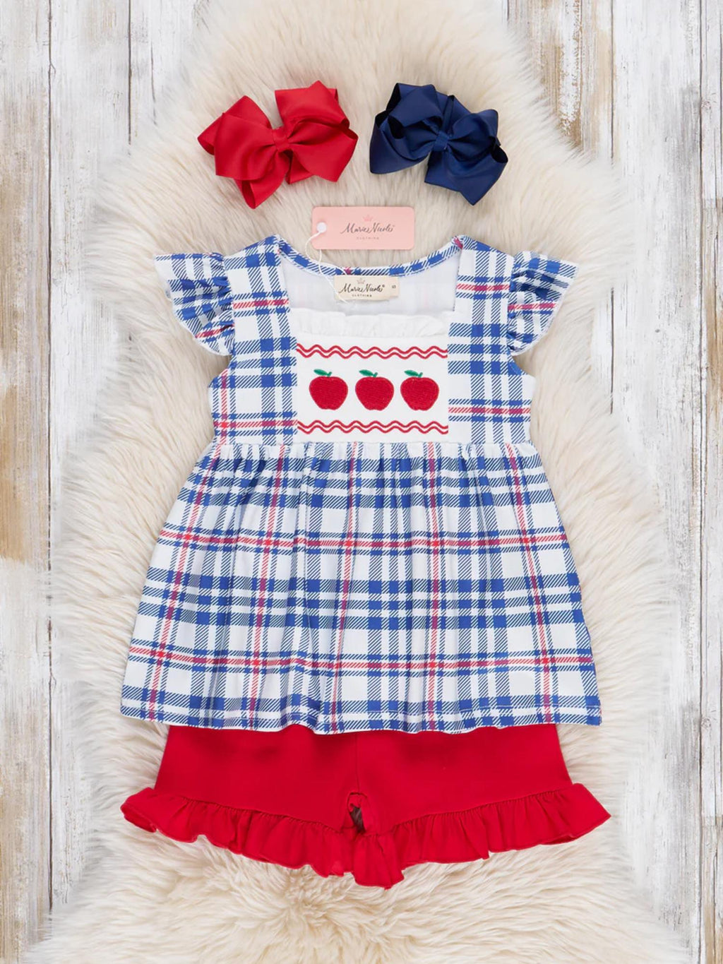 Embroidered Apples School Plaid Ruffle Outfit