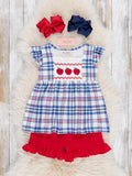 Embroidered Apples School Plaid Ruffle Outfit