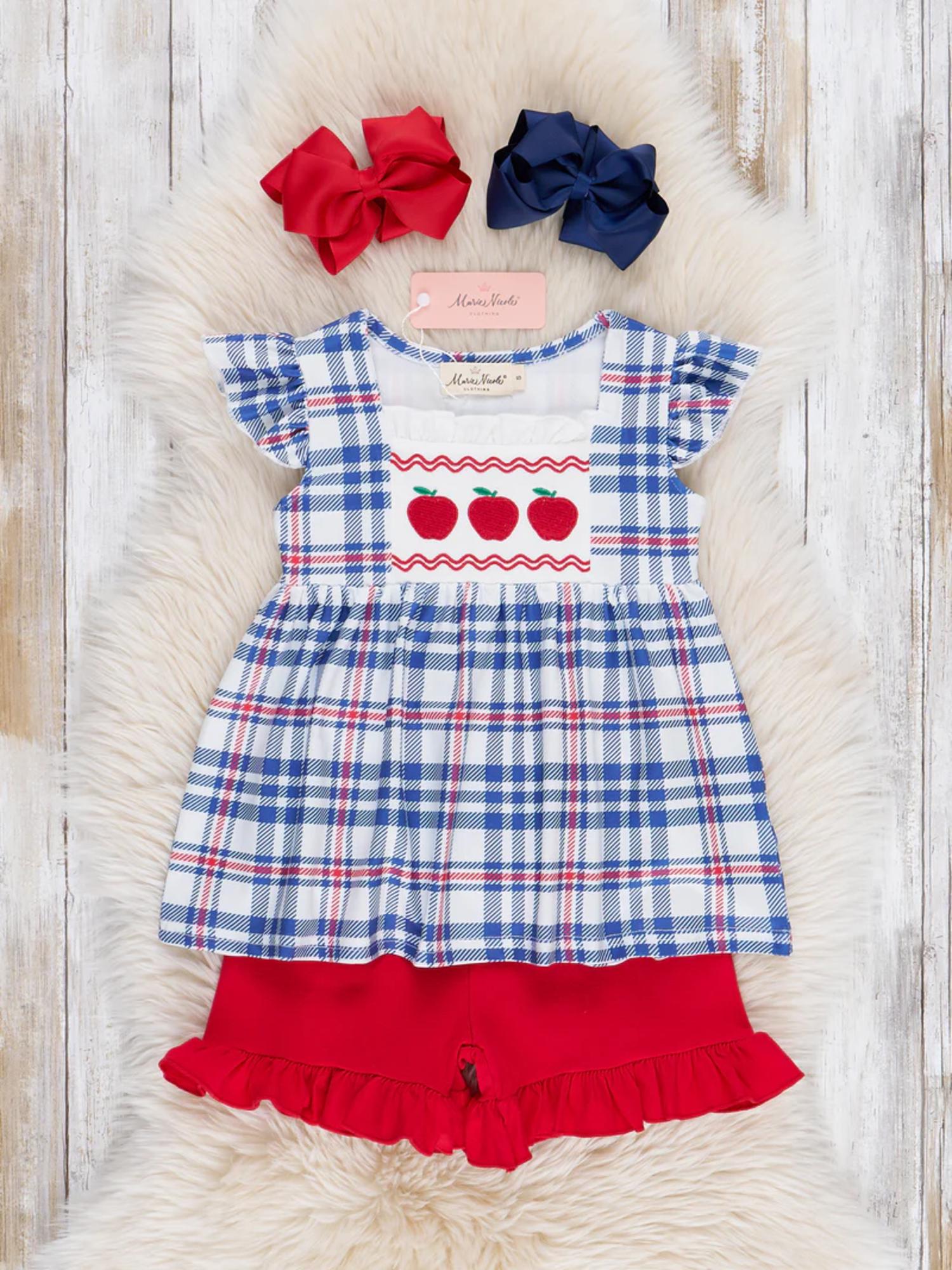 Embroidered Apples School Plaid Ruffle Outfit
