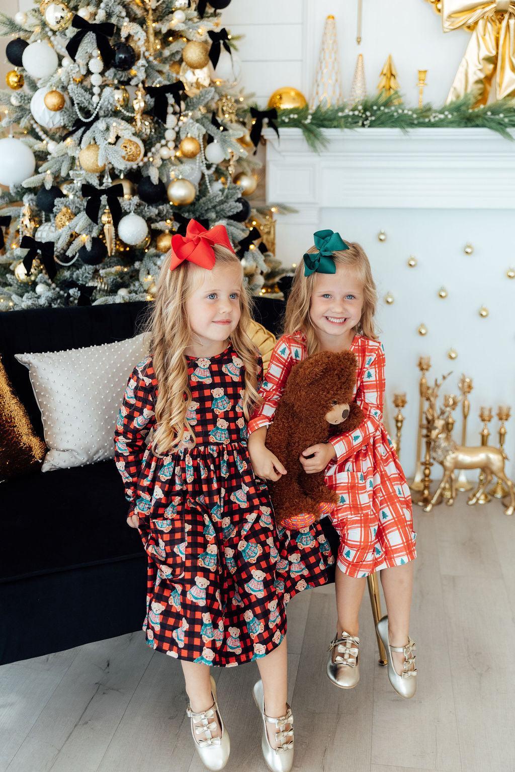 Christmas Bears Long Sleeve Pocket Twirl Dress