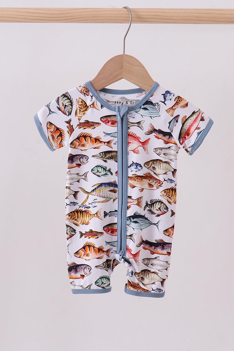 Navy fish bamboo romper