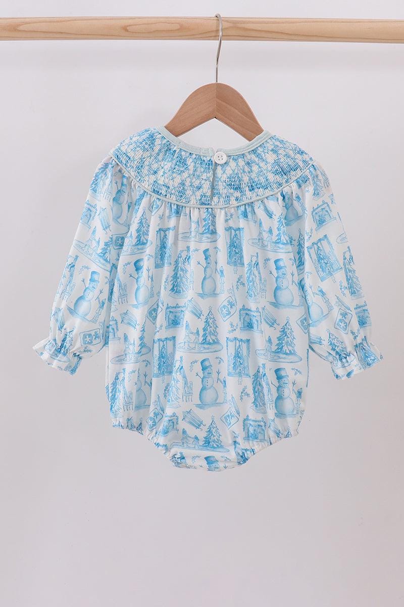 Blue snowman Christmas tree smocked bubble